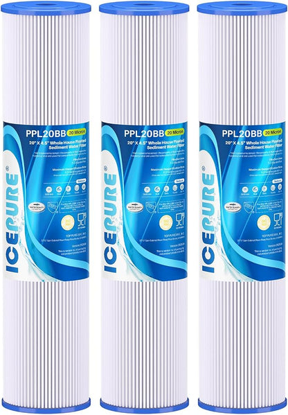 ICEPURE 20 Micron 20" x 4.5" Whole House Pleated Sediment Filter for Well Water, Remove Rust, Chlorine, Replacement Cartridge for ECP5-BB, AP810-2, HDC3001, SPC-45-1005 CP5-BB ECP1-20BB S1-20BB, 3PACK