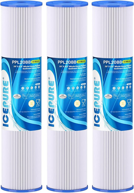 ICEPURE 20 Micron 20" x 4.5" Whole House Pleated Sediment Filter for Well Water, Remove Rust, Chlorine, Replacement Cartridge for ECP5-BB, AP810-2, HDC3001, SPC-45-1005 CP5-BB ECP1-20BB S1-20BB, 3PACK