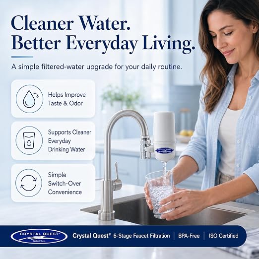 Crystal Quest Faucet-Mount Water Filtration System, ISO Certified 6-Stage Filtration, No-Wait Filtering, Removes Chlorine & Heavy Metal, 2000-Gallon Capacity, Easy Kitchen Faucet Installation - Chrome