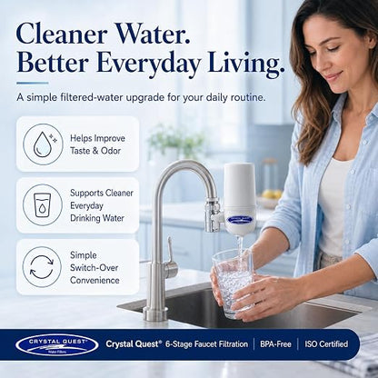 Crystal Quest Faucet-Mount Water Filtration System, ISO Certified 6-Stage Filtration, No-Wait Filtering, Removes Chlorine & Heavy Metal, 2000-Gallon Capacity, Easy Kitchen Faucet Installation - Chrome