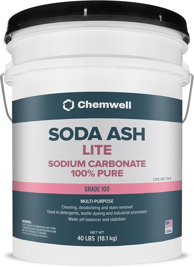 Chemwell Soda Ash Lite Grade 100 (40 lbs) - 100% Pure Sodium Carbonate - Water Softener, pH Adjuster, Cleaner & Pool Chemical, Tie-Die Enhancer - Multi-Purpose Powder for Home & Industrial Use