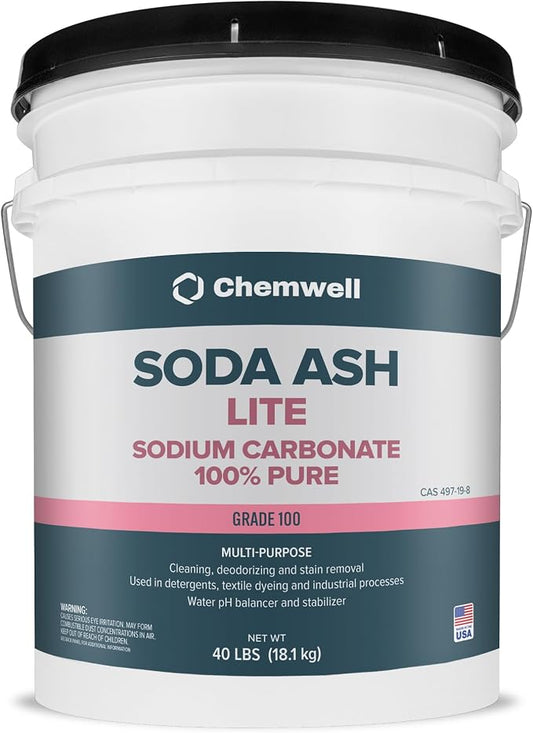 Chemwell Soda Ash Lite Grade 100 (40 lbs) - 100% Pure Sodium Carbonate - Water Softener, pH Adjuster, Cleaner & Pool Chemical, Tie-Die Enhancer - Multi-Purpose Powder for Home & Industrial Use