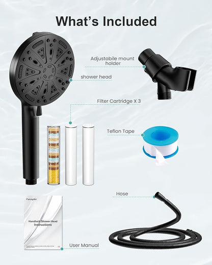 Filtered Handheld Shower Head, 9 Spray Modes High Pressure, 3 Replacement Filters Included, Hard Water Softener 20-Stage Filtration, Remove Chlorine, Relieve Dry Itchy Skin, 3 Filters-Black