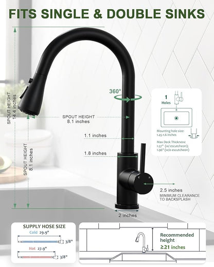 Black Kitchen Faucet with Pull Down Sprayer, VFAUOSIT Industrial Commercial Stainless Steel Single Handle Single Hole 3 Hole RV Laundry Pull Down Pull Out Gooseneck Kitchen Sink Faucets Matte Black