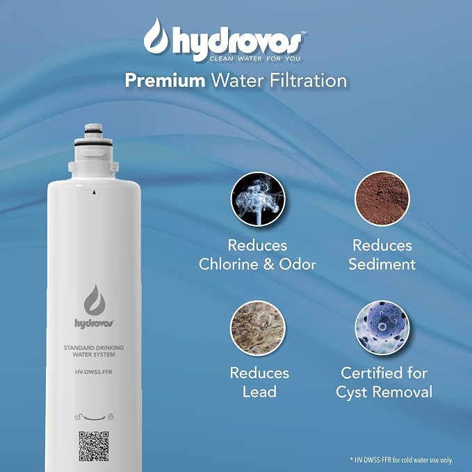 HYDROVOS Standard Under Sink Replacement Water Filter, IAPMO Certified Reduces Microplastics, Cysts, Sediment, Chlorine, Improves Taste & Odor, 2 GPM Fast Flow, Fits DWSP/DWSS Water Filter Systems