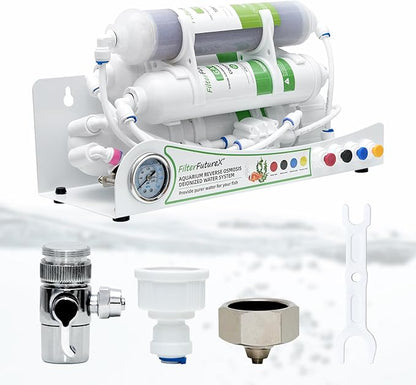4 Stage Reverse Osmosis Aquarium Water Filter System RO+DI with Pressure Gauge Compact,Colour Changing DI Filter,100GPD,0 TDS for Freshwater&Saltwater Tanks