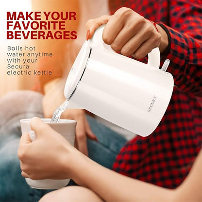 Secura Stainless Steel Double Wall Electric Kettle Water Heater for Tea Coffee w/Auto Shut-Off and Boil-Dry Protection, 1.0L (White) SWK-1001DW/HB-K012