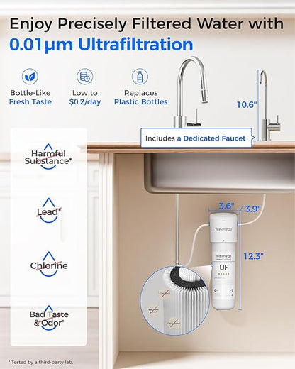 Waterdrop 10UBW-UF 0.01 μm Ultra Filtration Under Sink Water Filter System, Reduces Lead, Chlorine, Bad Taste & Odor, 1 Year, with Dedicated Brushed Nickel Faucet, USA Tech
