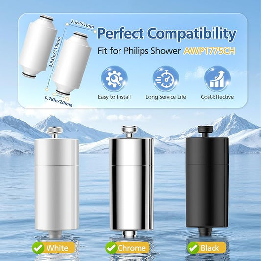 AWP175 Shower Filter Cartridge Compatible with Philips AWP1775CH Shower, 3-Stage Shower Filter Filtration with Double Mesh,2 Pack
