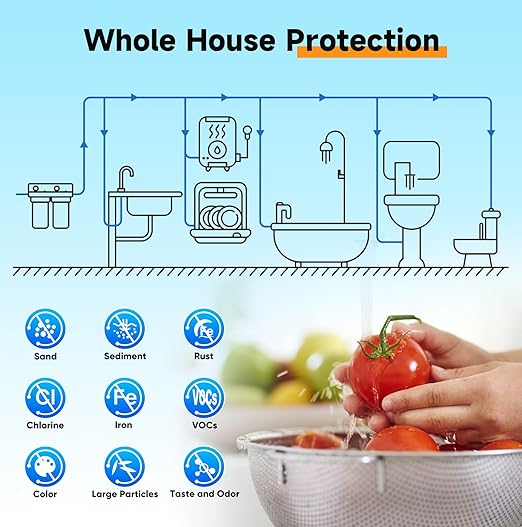 PUREPLUS 2-Stage Whole House Water Filtration System, Reduces Chlorine, Odor, Heavy Metals, Iron, Manganese, 10"x4.5" Clear Housing, 1" Inlet/Outlet, PP Sediment & Iron Filter, with Pressure Gauges