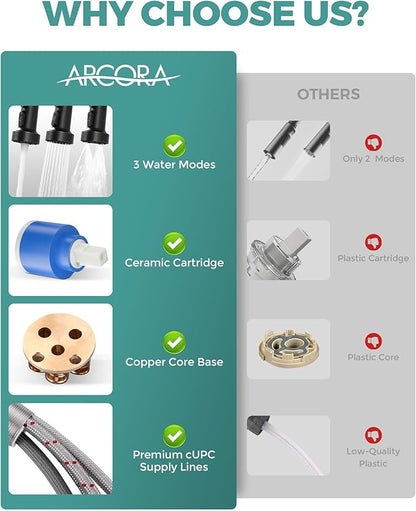 ARCORA Kitchen Faucets with Soap Dispenser: Oil Rubbed Bronze Kitchen Faucets with Pull Down Sprayer - Stainless Steel Single Handle Kitchen Sink Faucets with Deck Plate for Farmhouse RV Laundry