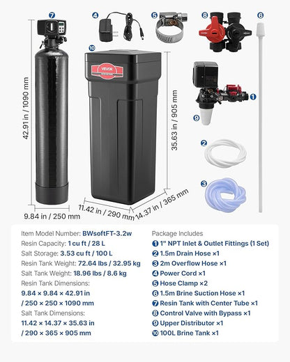 VEVOR Water Softener, 32,000 Grains Whole House Water Softener System, with Automatic Digital Control Head, Bypass Valve, Reduce Hardness and Minerals, Improve Water Quality, for 1-2 Bathrooms