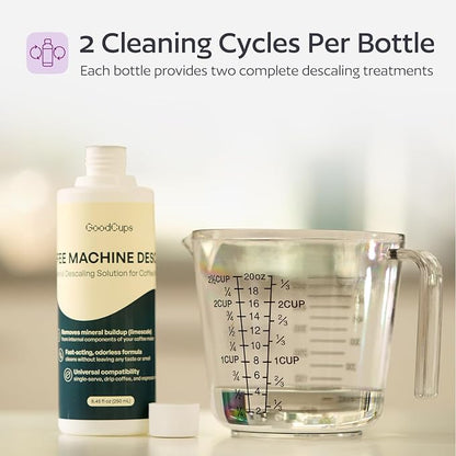 GoodCups Coffee Machine Descaler Solution, 2 Pack (16.9 fl oz Total), Universal Descaling Liquid for Keurig, Nespresso, Breville, Ninja, Espresso & Drip Coffee Makers, 4 Cleaning Cycles
