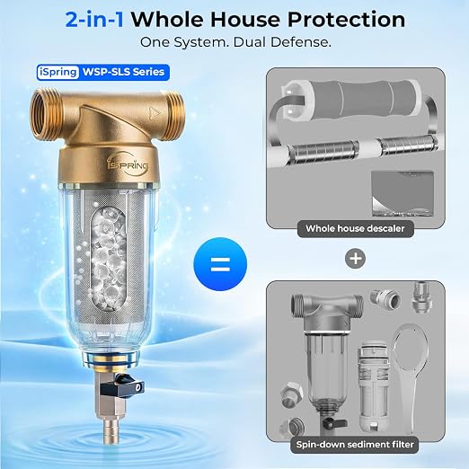 iSpring WSP-50SLS Spin Down Sediment Filter & Water Scale Inhibitor, Whole House Scale & Corrosion Prevention Prefilter, Mesh-Cleaning Scraper-Beads, Flushable Well Water Sediment Buster, 50 Microns