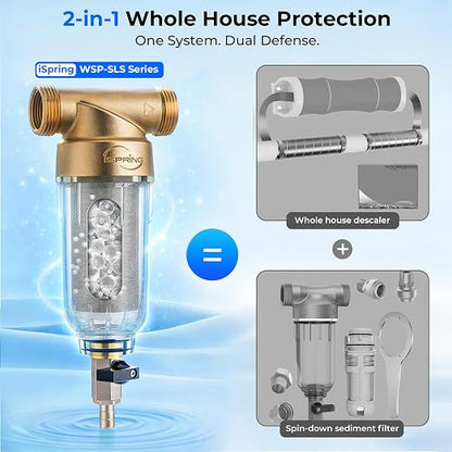 iSpring WSP-50SLS Spin Down Sediment Filter & Water Scale Inhibitor, Whole House Scale & Corrosion Prevention Prefilter, Mesh-Cleaning Scraper-Beads, Flushable Well Water Sediment Buster, 50 Microns