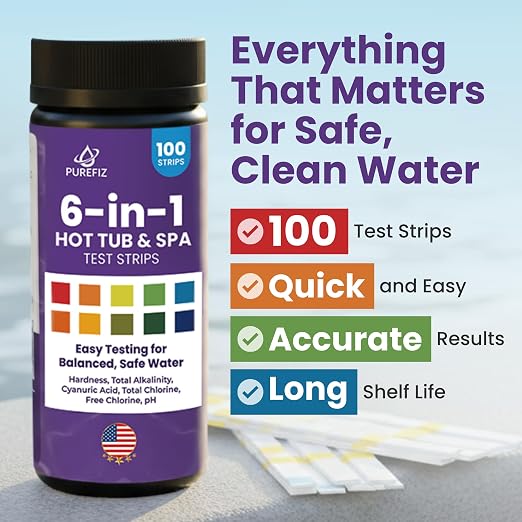 Hot Tub & Spa Test Strips 6-in-1 (100-Pack) - Accurately Monitors pH, Free/Total Chlorine, Alkalinity, Hardness, and Cyanuric Acid - Perfect for Chlorine-Based Spas and Jacuzzis (Not for Bromine)
