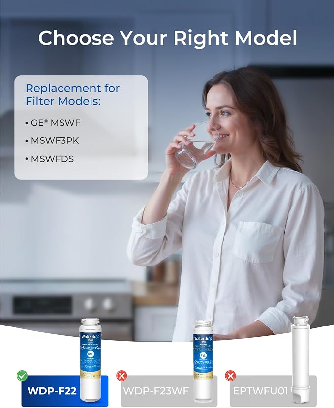 Waterdrop Plus MSWF NSF 401&53 Certified Refrigerator Water Filter | Reduce PFAS and lead, Replacement for GE® MSWF, 101820A, 101821B, RWF1500A, MSWF3PK, MSWFDS, PC46783, PS1559689, WR02X12345