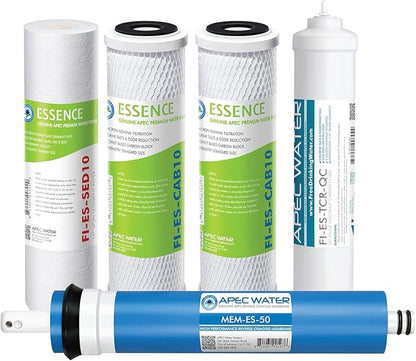 APEC Water Essence Series Complete Replacement Filter Set for ROES-50 Reverse Osmosis System, 5 Stage RO Filter Kit with Sediment Carbon Membrane and Post Carbon Filters, 50 GPD Under Sink RO System