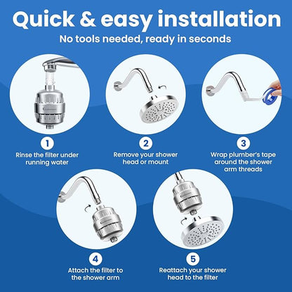 Adamson Shower Filter for Hard Water – 36-Stage Filtered Shower Head, Helps Reduce Chlorine – Supports Healthier Skin & Hair – High Output – Easy Tool-Free Install – Extra Cartridge Included