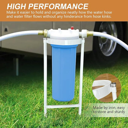 RV Water Filter Stand – Powder-Coated Iron Holder – Keeps Inline Filters Upright & Off the Ground – Prevents Hose Kinking & Tangling – Easy Tool-Free Setup – Rust-Resistant Exterior