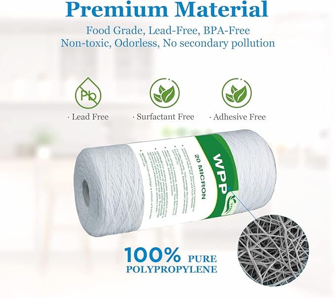 20 Micron Water Filter 10" x 4.5", 10-inch Whole House Heavy Duty String Wound Sediment Pre-Filters for Well Water, Replacement Cartridge for WP25BB97P, RS24, SWC-45-1020, PC10, 4-Pack