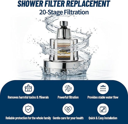 20-Stage Shower Filter Replacement Cartridge, Universal Fit for Most Filtered Shower Head - High Flow Multi-Stage Water Softener for Hard Water, Chlorine & Impurities Removal