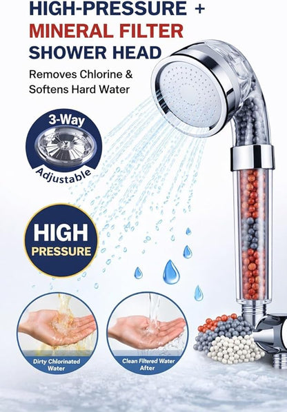 AquaVera Ionic Filter Shower Head – Replacement Shower Head Only (No Hose Included), 3 Spray Settings, High Pressure, Removes Chlorine & Hard Water Minerals, Easy Install for Bathroom
