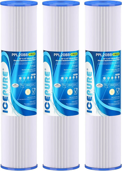 ICEPURE 20" x 4.5" Whole House Water Filter, 5 Micron Pleated Sediment Water Filters Replacement Cartridge for Well Water, Compatible with ECP5-BB, AP810-2, SPC-45-1005, CP5-BB, ECP1-20BB, 3 PACK