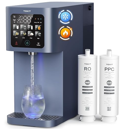 TOKIT Reverse Osmosis Water Filter Countertop T1 Ultra Cold & Hot Dual UV Water Dispenser 5℃ Cooling and Instant Heating RO Water Filtration System 8 Temp Choice, NSF/ANSI 58, No Installation for Home