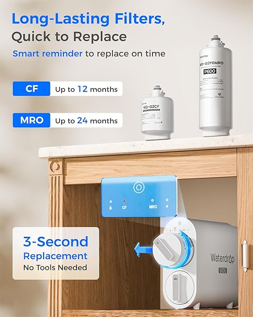 Waterdrop G2P600 Reverse Osmosis System, TDS Reduction, 7 Stage Water Filtration, NSF/ANSI 372 Certified, 600 GPD Tankless RO Water Filter System, Under Sink, 2:1 Pure to Drain
