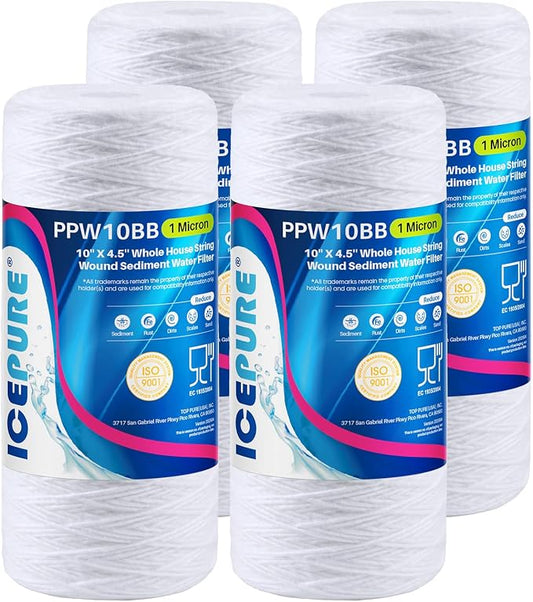 ICEPURE 1 Micron 10”*4.5'' Whole House Sediment String Wound Water Filter Replacement filter for 84637, WPX5BB97P, PC10, 355214-45, 355215-45, WP10BB97P, WP5BB97P, 4 PACK