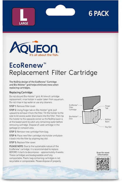 Aqueon Genuine EcoRenew Filter Cartridges, for Freshwater and Saltwater Aquariums, Large, 6-Pack