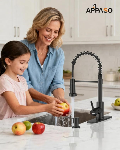 APPASO Black Kitchen Faucet with Soap Dispenser & Pull Down Sprayer | NSF/ANSI/CAN 372 & Lead-free, SUS304 Stainless Steel 3 Modes Faucet for Farmhouse, Bar & RV