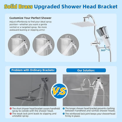 Hibbent All Metal cUPC Certified Shower Head, 8'' High Pressure Rainfall Shower Head, Showerhead Combo, Handheld Shower Wand, 12'' Adjustable Extension Arm, 4-Spray, 71'' Hose, Shower Holder, Chrome