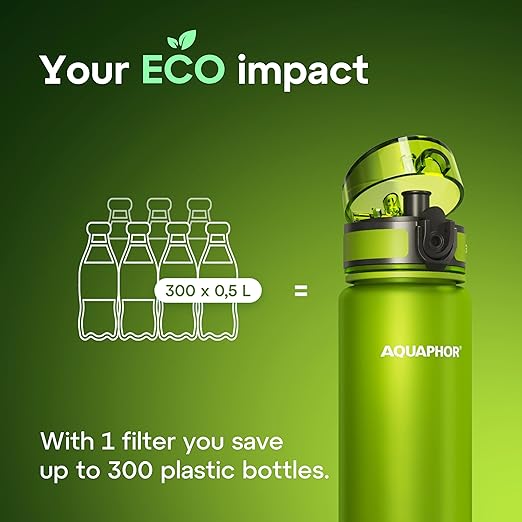 AQUAPHOR City Water Filter Bottle 500 ml | Portable Filtered Water Bottle with Integrated Water Purifier | BPA-Free | Reusable Bottle with Water Filter for Camping, Travel & Outdoor Use | Green