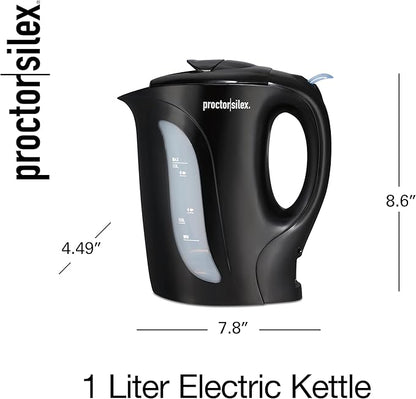 Proctor Silex Electric Tea Kettle, Water Boiler & Heater Auto-Shutoff & Boil-Dry Protection, 1000 Watts for Fast Boiling, 1 Liter, Black (K2071PS)