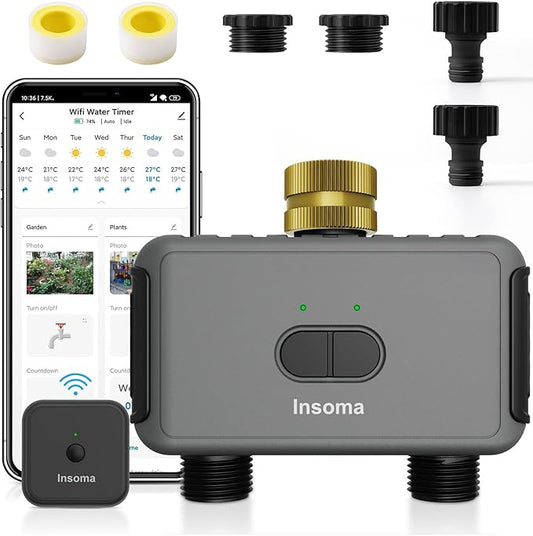 Smart Hose Timer for Garden with Brass Inlet, Water Timer with WiFi Hub, APP & Voice Control, Up to 20 Watering Plans, 2-Zone Sprinkler Drip Irrigation System Controller for Yard Lawn Watering