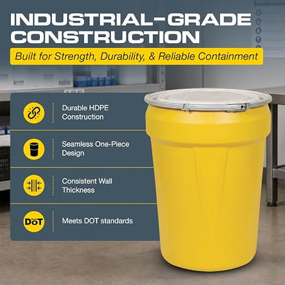 Eagle Plastic Drum, 30 Gallon Drum, DOT Compliant, Made in USA, Yellow | High-Density-Polyethylene Construction, Open Head Lab Pack Drum, Metal Lever-Lock Lid, Hazardous Material Storage, Transport