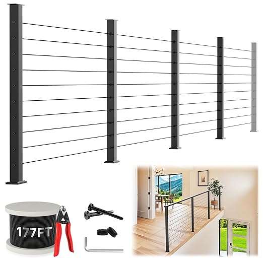 36" Modular 12-16FT Black T304 Cable Railing Post Kit, Complete Cable Railing System with 4 Level Posts & 177ft 1/8" Wire Rope(No Handrail), Adjustable Length Easy DIY for Decks/Porch