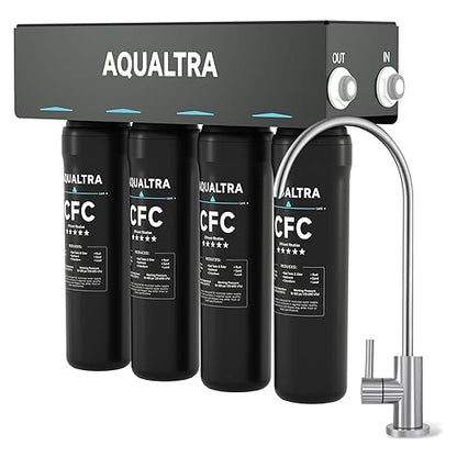 AQUALTRA USF-4F-10 Under Sink Water Filtration System, Commercial 65K Gal with Faucet, Reduce PFOA, PFOS, Chlorine, Lead, Mercury, Chloramine, Fluoride, Microplastics Particles, Bad Taste & Odor