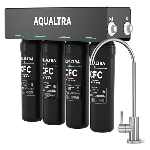 AQUALTRA USF-4F-10 Under Sink Water Filtration System, Commercial 65K Gal with Faucet, Reduce PFOA, PFOS, Chlorine, Lead, Mercury, Chloramine, Fluoride, Microplastics Particles, Bad Taste & Odor