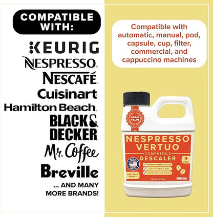 Tillbrook Descaler Compatible with Nespresso Vertuo Machine - 1 YEAR SUPPLY Concentrated Descaler for Nespresso - 16oz Coffee Maker Cleaner for Nespresso, Breville, Keurig, Espresso Machine - 4 Uses