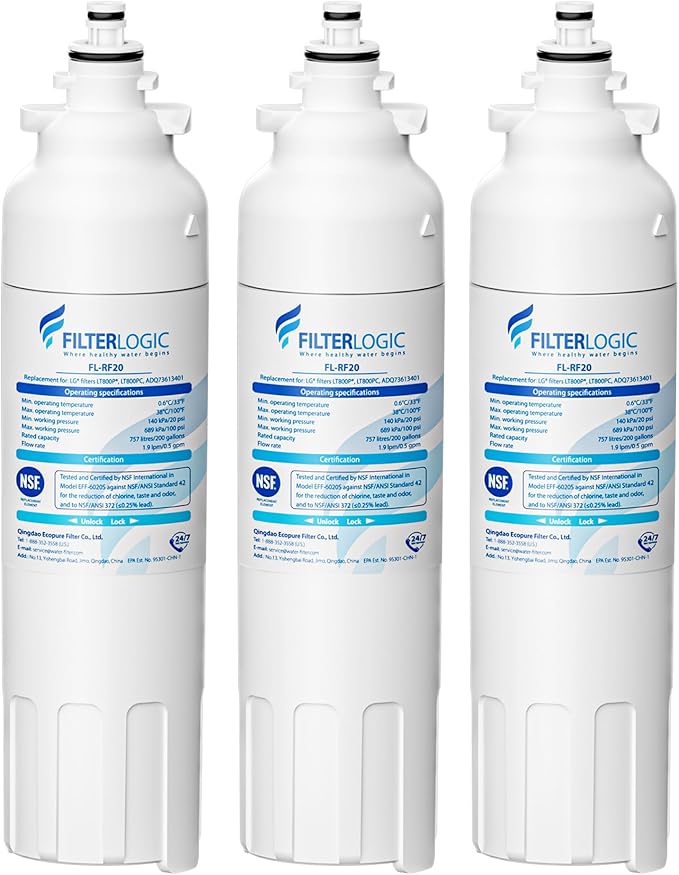 Filterlogic ADQ73613401 Refrigerator Water Filter, Replacement for LG® LT800P®, LT800PC, ADQ736134, ADQ73613402, LSXS26326S, LSXS26366S, LMXS30776S, LSXS26366D, LMXC23746S, 46-9490, 469490, Pack of 3