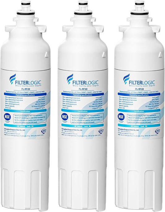 Filterlogic ADQ73613401 Refrigerator Water Filter, Replacement for LG® LT800P®, LT800PC, ADQ736134, ADQ73613402, LSXS26326S, LSXS26366S, LMXS30776S, LSXS26366D, LMXC23746S, 46-9490, 469490, Pack of 3