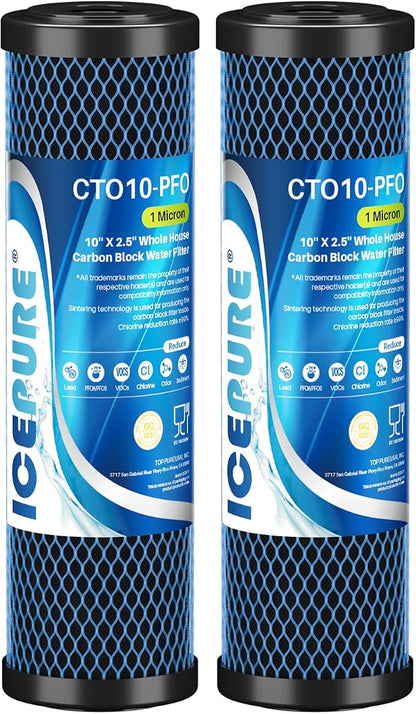 ICEPURE 1 Micron 10" x 2.5" Whole House PFOA/PFOS Carbon Water Filter Cartridge Replacement for DuPont WFPFC8002, WFPFC9001, SCWH-5, WHCF-WHWC, FXWTC, CBC-10, RO Unit, Pack of 2