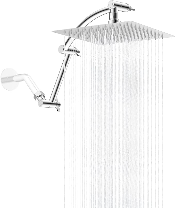 Hibbent All Metal Rain Shower Head, 8'' High Pressure Rainfall Square Showerhead with 16" Shower Head Extension Arm, Solid Brass Adjustable Shower Arm Extender, Waterfall Fixed Showerheads, Chrome