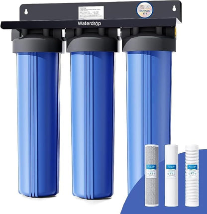 Waterdrop WHF3T-PG 3-Stage Whole House Water Filter System, 5 Micron | Highly Reduces Lead, Chlorine, Odor and Taste, 7-Stage Filtration, with Carbon Filter & Sediment Filter, 1" Inlet/Outlet