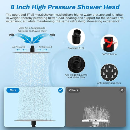 Hibbent cUPC Certified All Metal 8" Rainfall Showerhead Combo, High Pressure Shower Head with 10-Spray Handheld, Innovative 4-way Diverter with Pause Mode, 71'' Shower Hose & Holder, Matte Black