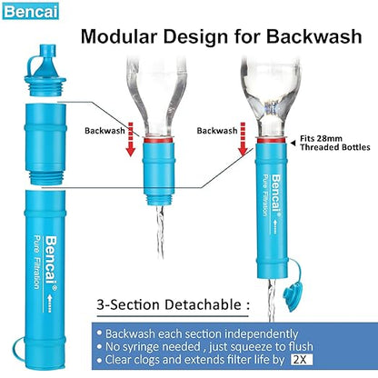 4-Stage 0.1 Micron Ultrafiltration Water Filter Straw | 3-Section Detachable for Easy Backwash | for Outdoor, Survival & Emergency, 2-Pack