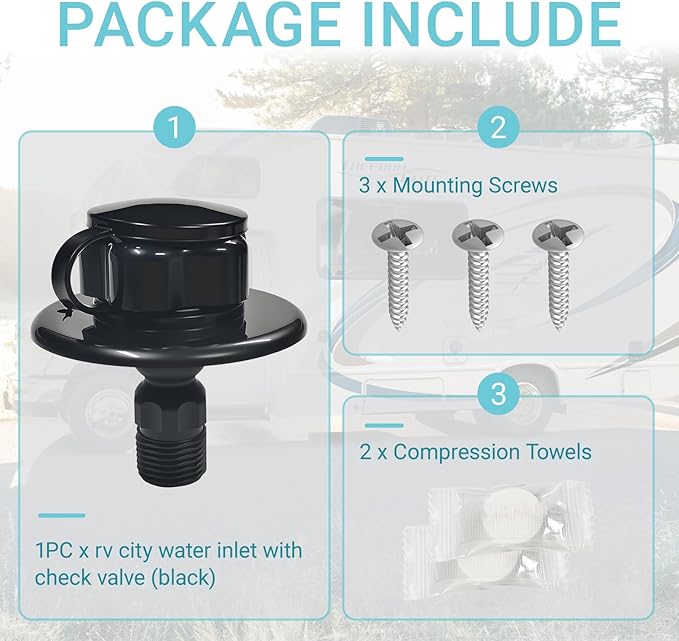 RV City Water Inlet Connection with Check Valve, RV City Water Fill Inlet for RV Camper Motorhome Trailer Marine, RV Water Flange Inlet Replacement (Black)